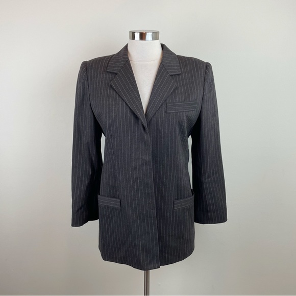 Carlisle Wool Brown White Pinstripe Button Front Blazer Jacket Women Size 8 - Picture 1 of 7
